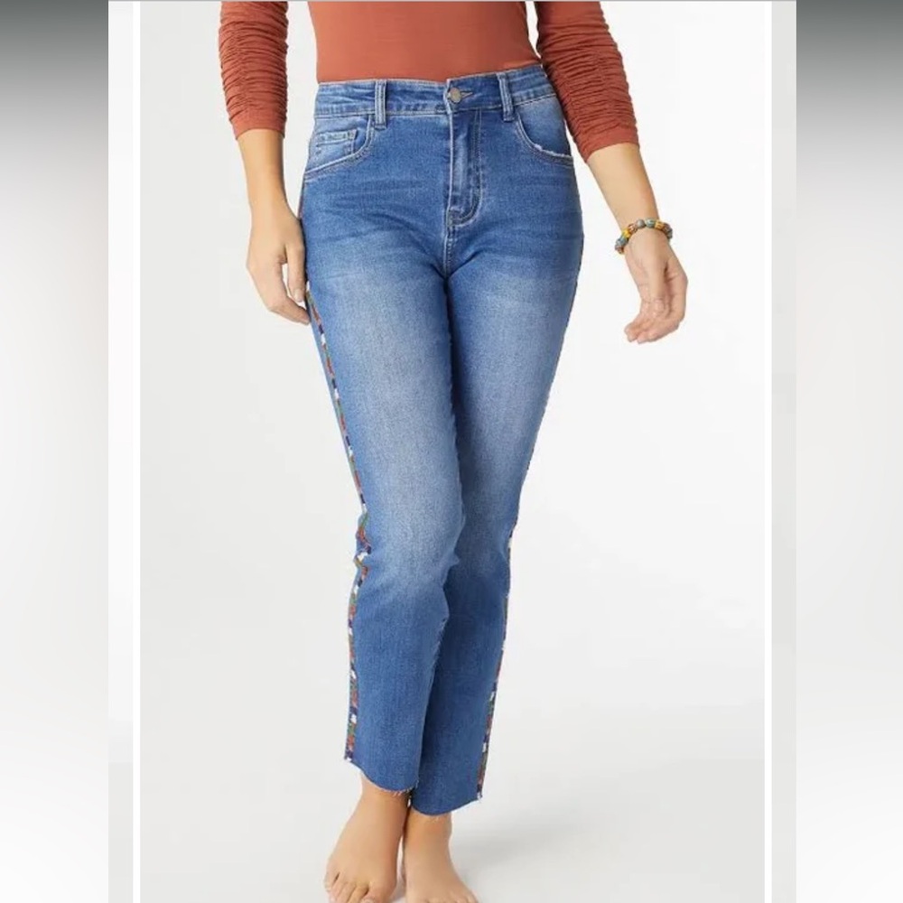 Coco + Carmen Women's EverStretch Straight Ankle With Embroidered Stripe Jeans